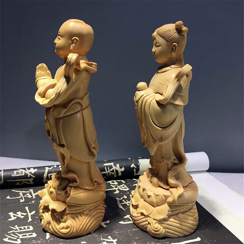木雕金童玉女小号家用善财童子龙女摆件观音侍者佛像童男黄杨木