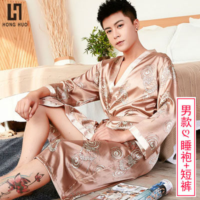 浴袍男睡袍夏天薄款睡衣冰丝男士套装春秋真丝绸夏季家居服两件套