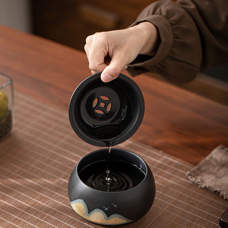 松石绿 建水带盖子过滤小号茶洗茶渣缸废水缸桌面垃圾桶茶水分离