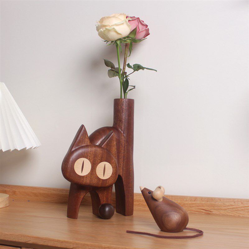 创意猫实木花插 鲜花花瓶木制工艺品木雕小猫摆件生日乔迁礼物