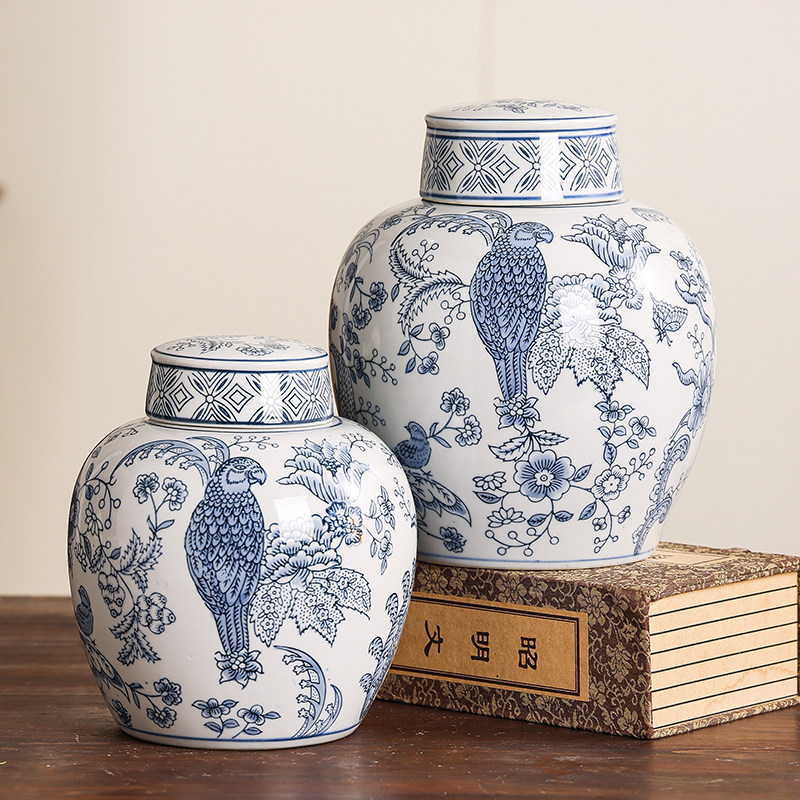 鹦鹉鸟青花瓷花瓶 新中式手绘陶瓷花器客厅玄关插花装饰品摆件