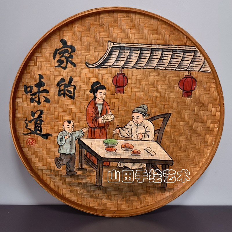 手绘做旧竹编簸箕画农庄饭店墙面装饰挂件复古怀旧民宿农家院挂饰
