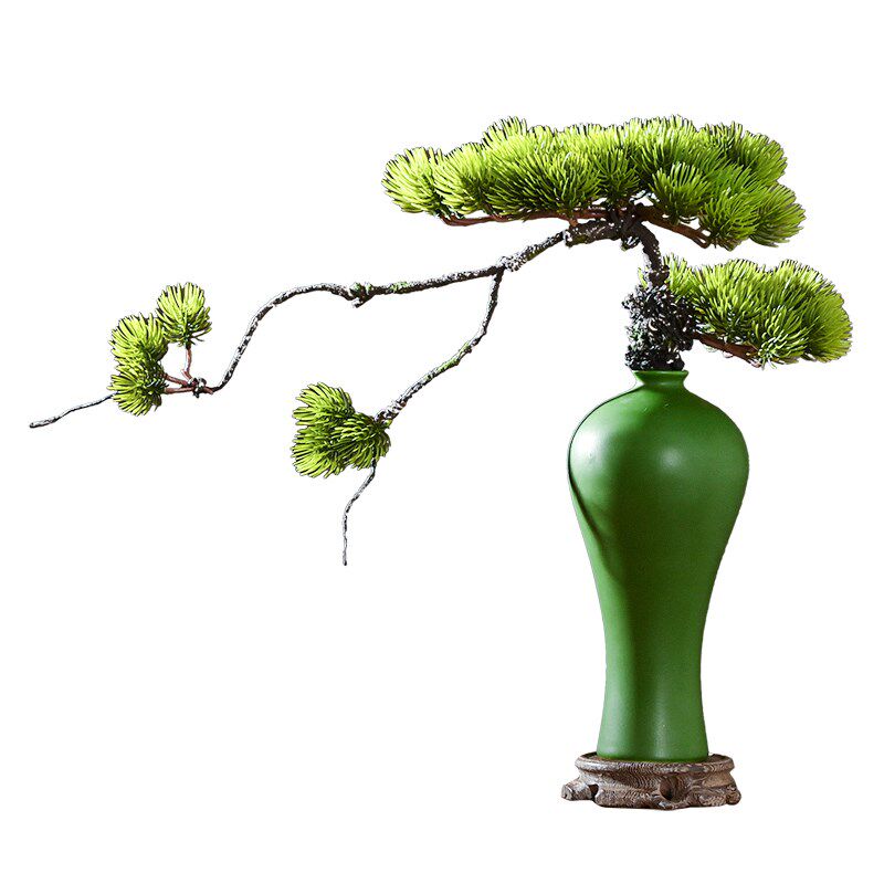 仿真迎客松盆景中式摆件陶瓷花瓶假花松树小植物客厅茶室布置装饰
