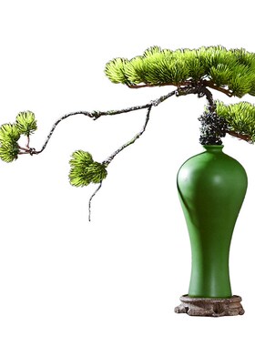 仿真迎客松盆景中式摆件陶瓷花瓶假花松树小植物客厅茶室布置装饰