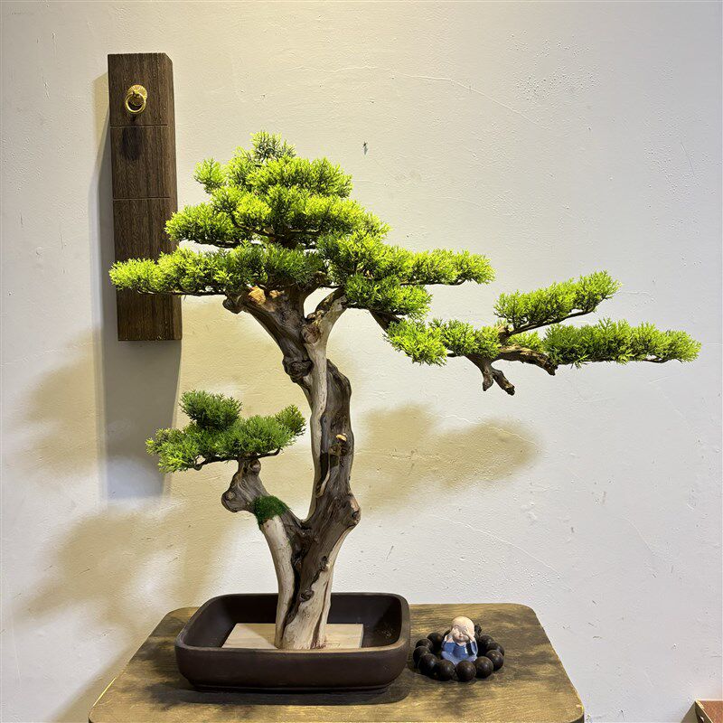新中式高档崖柏松仿生仿真迎客松老桩绿植盆景家居客厅玄关造景树