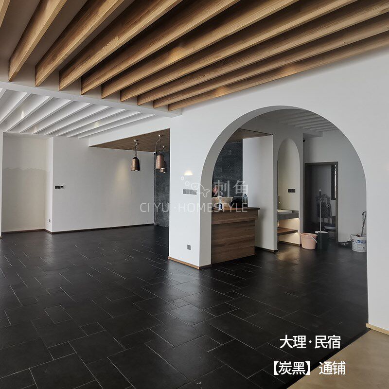 黑色中式客厅仿古地砖庭院莱姆石瓷砖板材户外防滑花坛园地铺民宿