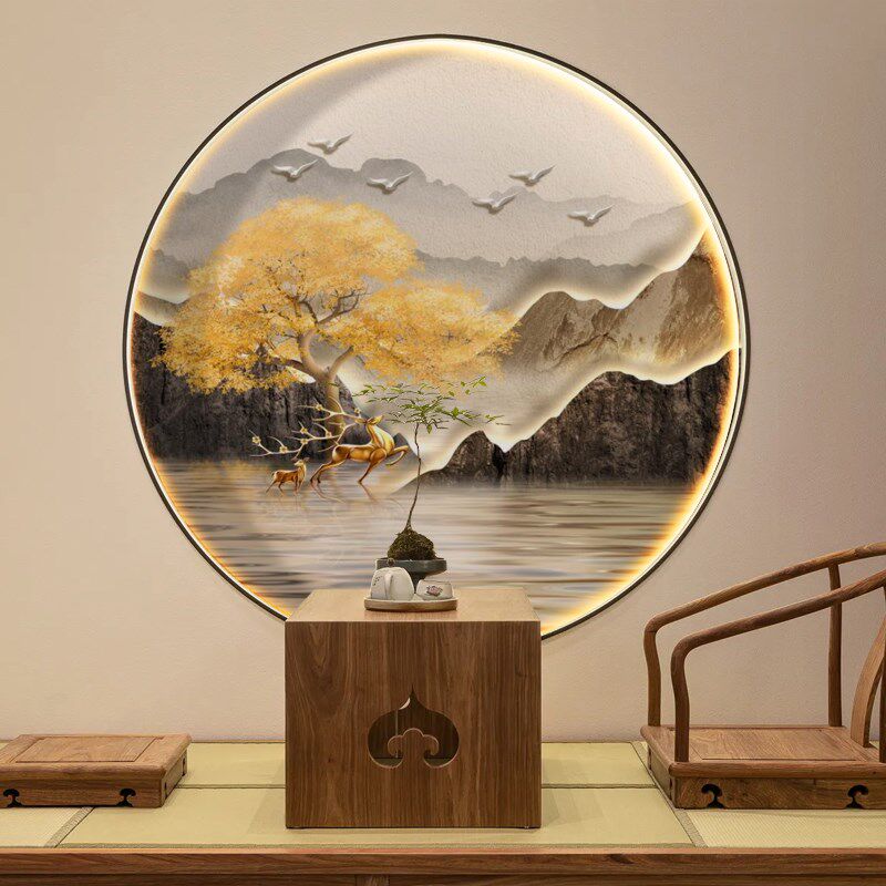 新中式圆形装饰画入户玄关走廊过道墙山水好寓意壁画画芯壁纸墙纸