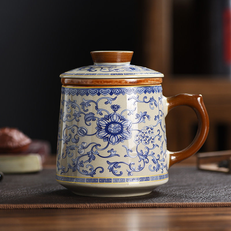 米黄汝窑办公杯过滤茶杯青花陶瓷大容量泡茶杯个人杯会议杯水杯