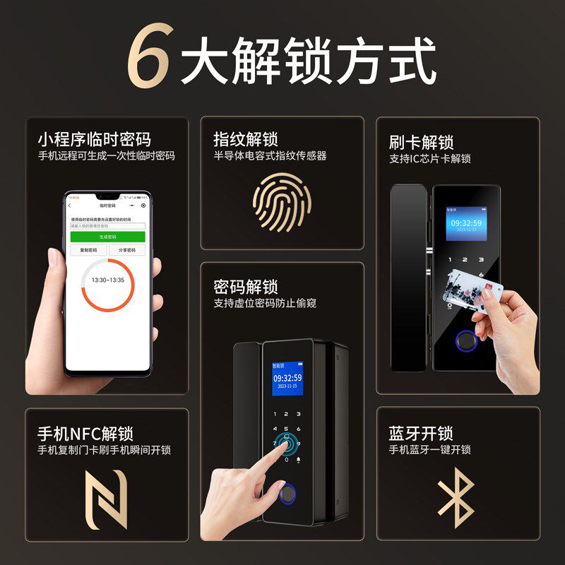 有框玻璃门密码锁免开孔单门双门办公室智能锁商铺智能门锁指纹锁