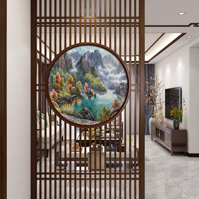 新中式屏风隔断装饰画双面画入户进门玄关圆形画山水靠山风景挂画
