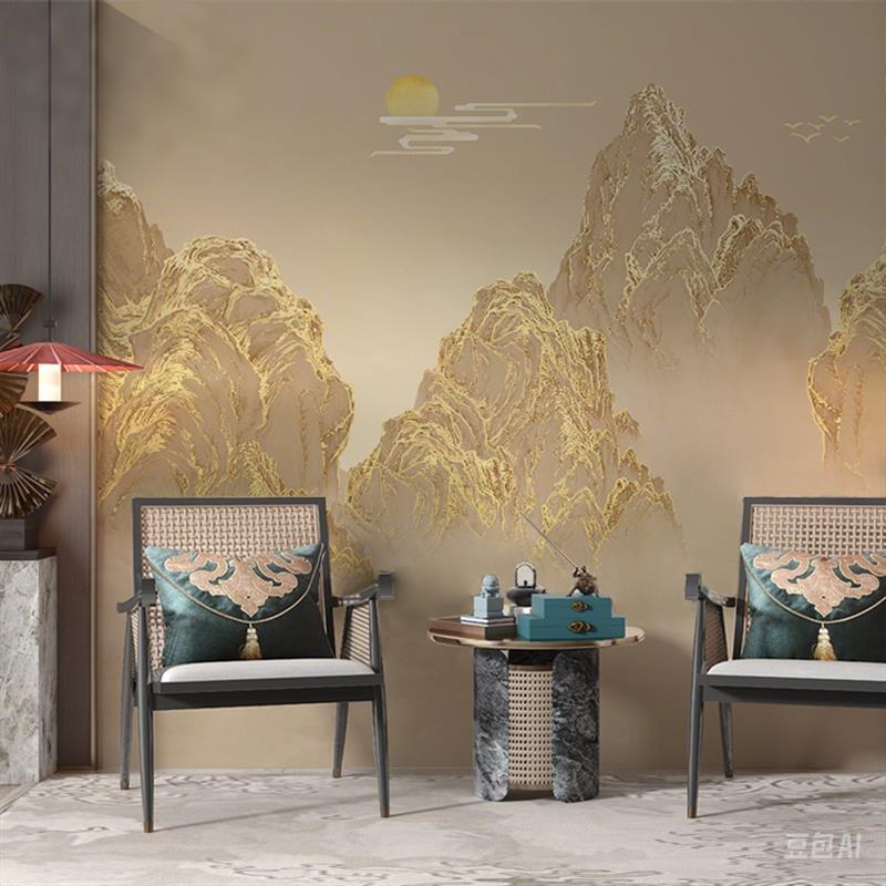 2025新款中式山水金色集成护墙板轻奢电视背景墙碳晶板客厅影视墙