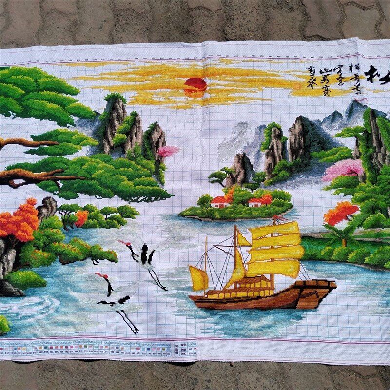 纯手工绣好的十字绣成品迎客松财运版一帆风顺人工全绣风景画出售