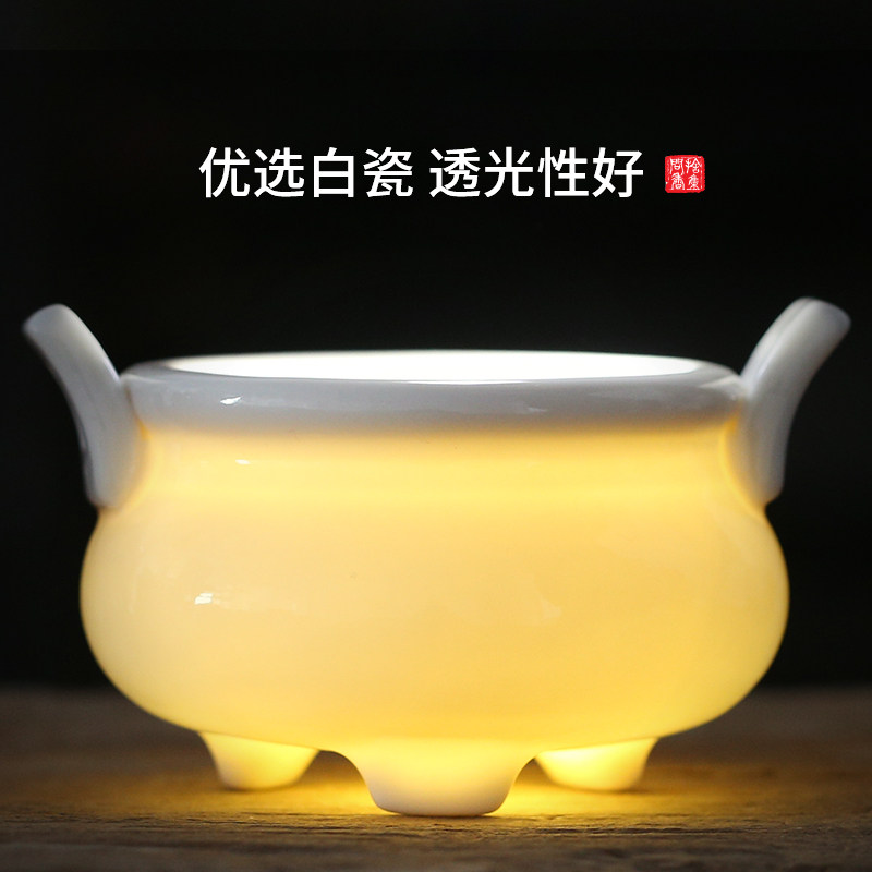 白瓷香炉家用佛堂供奉香插仿古朝冠耳薰香炉摆件上陶瓷烧香炉祭祀