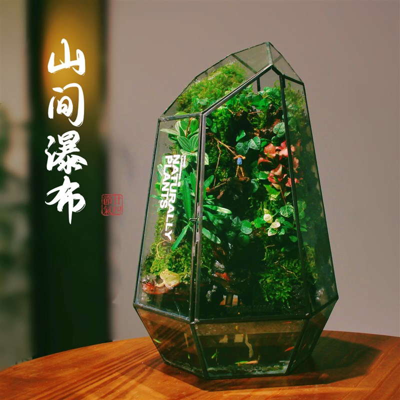 创意流水烟雾造景鱼缸桌面苔藓微景观成品玻璃鱼缸生态缸观鱼礼物