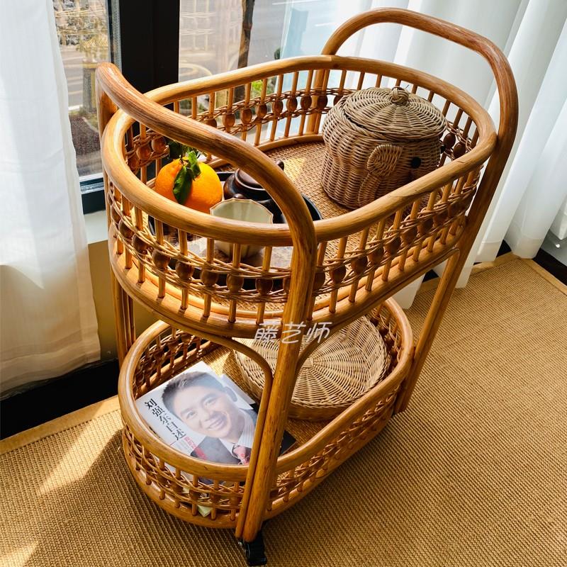 藤编两层带轮置物架餐厅小推车美容化妆品收纳网红可移动推车