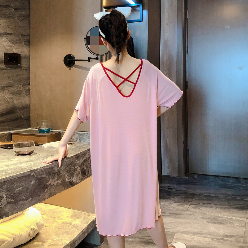 超凉快~莫代尔露背睡裙短袖薄款冰丝睡衣女夏季大码胖mm睡裙过膝
