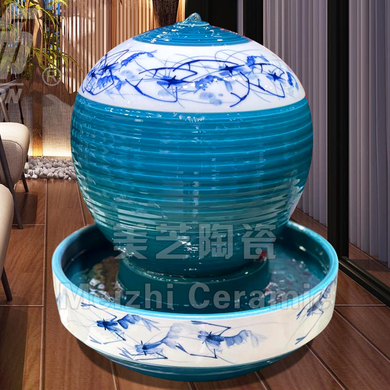 客厅手绘山水喷泉陶罐桌面流水摆件花瓶乔迁礼品循环水景观加湿器