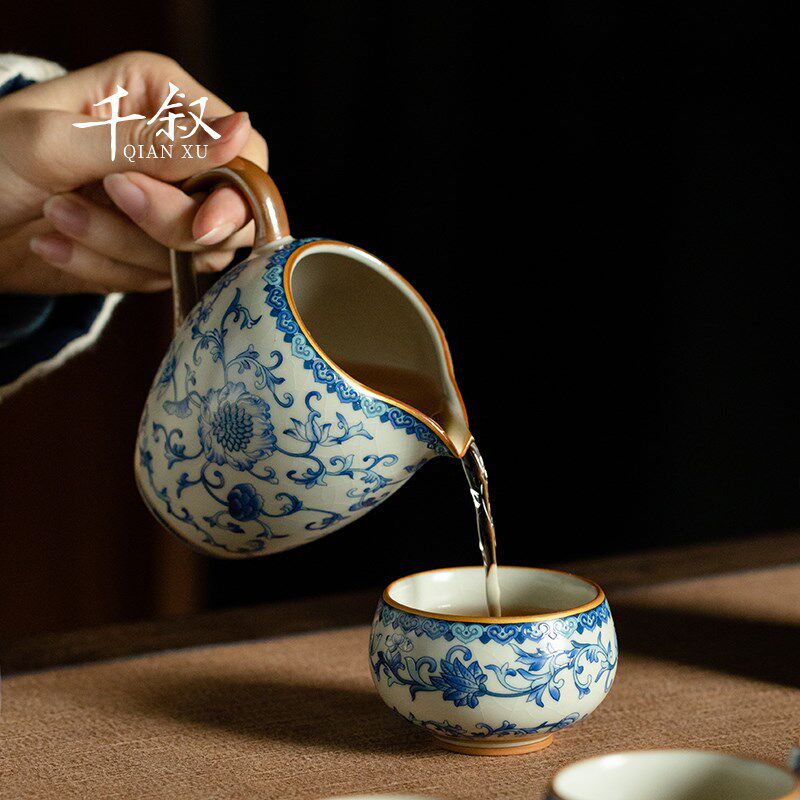 米黄青花汝窑美人公道杯茶漏茶滤分茶器一体陶瓷公杯功夫茶具配件