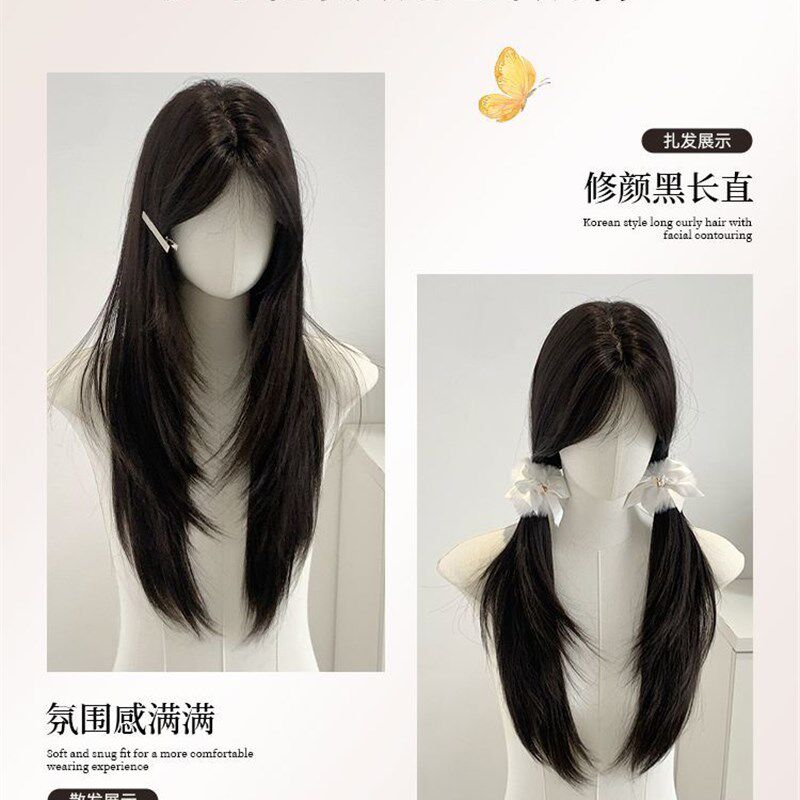 第一封情书哑熊假发全头饰女士中分高级黑色长直洛丽塔自然发