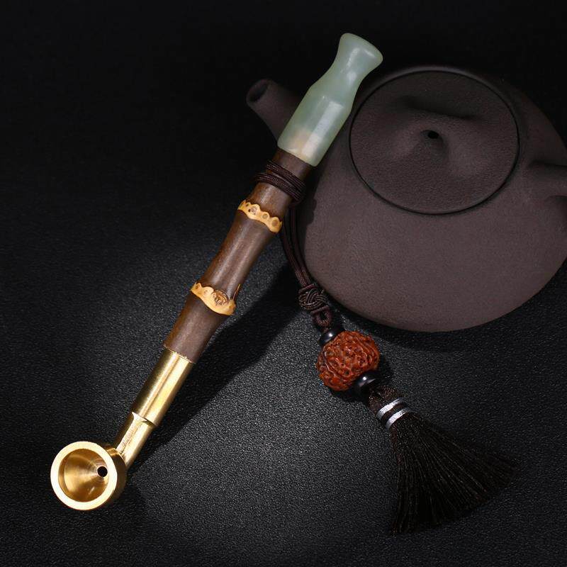 至尊手工紫竹节竹子杆旱烟袋传统老式岫玉石嘴烟斗男士纯铜大锅子