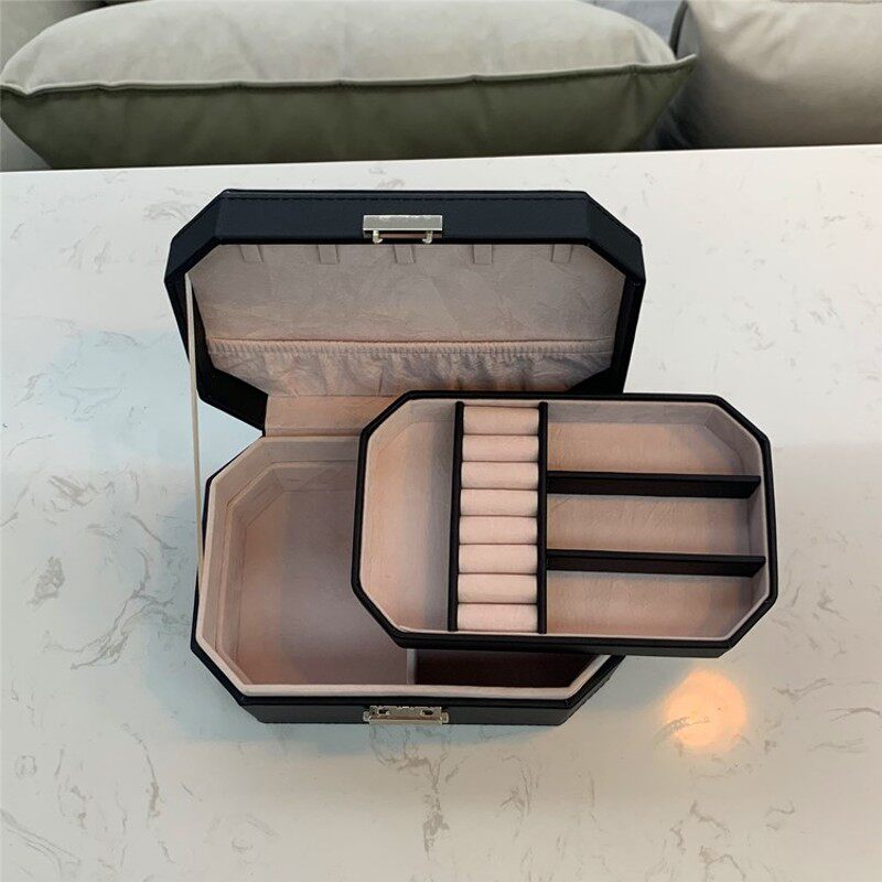 高级红色简约清新耳环耳钉戒指耳饰首饰盒黑色便携网红收纳盒