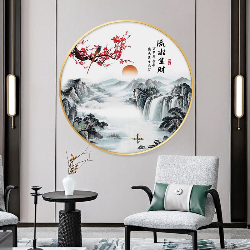流水生财十字绣新款客厅玄关圆形山水风景钻石画手工自己线绣小幅