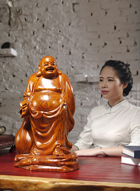 花梨实木雕刻大号布袋大肚弥勒笑佛像摆件家居客厅装饰红木工艺品