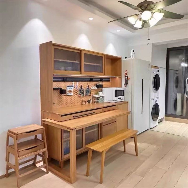 北欧实木餐边柜可推拉旋转伸缩原木风餐桌一体柜餐厅小户型储物柜