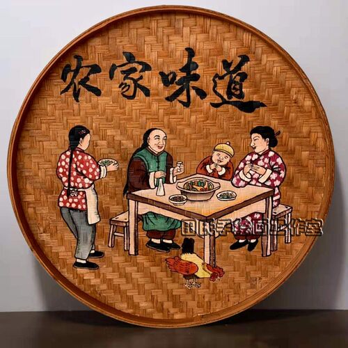 手绘竹筛子圆簸箕画复古怀旧墙壁挂饰农庄装饰农家乐饭店墙面挂件