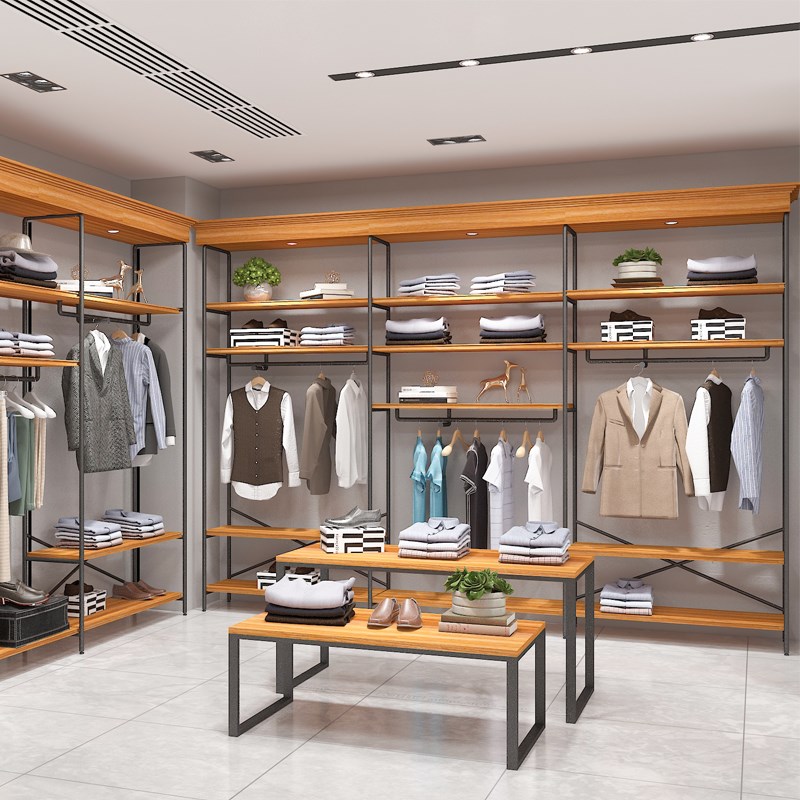 铁艺服装店展示架陈列架落地式多层耐用复古男装货架实木挂衣架子