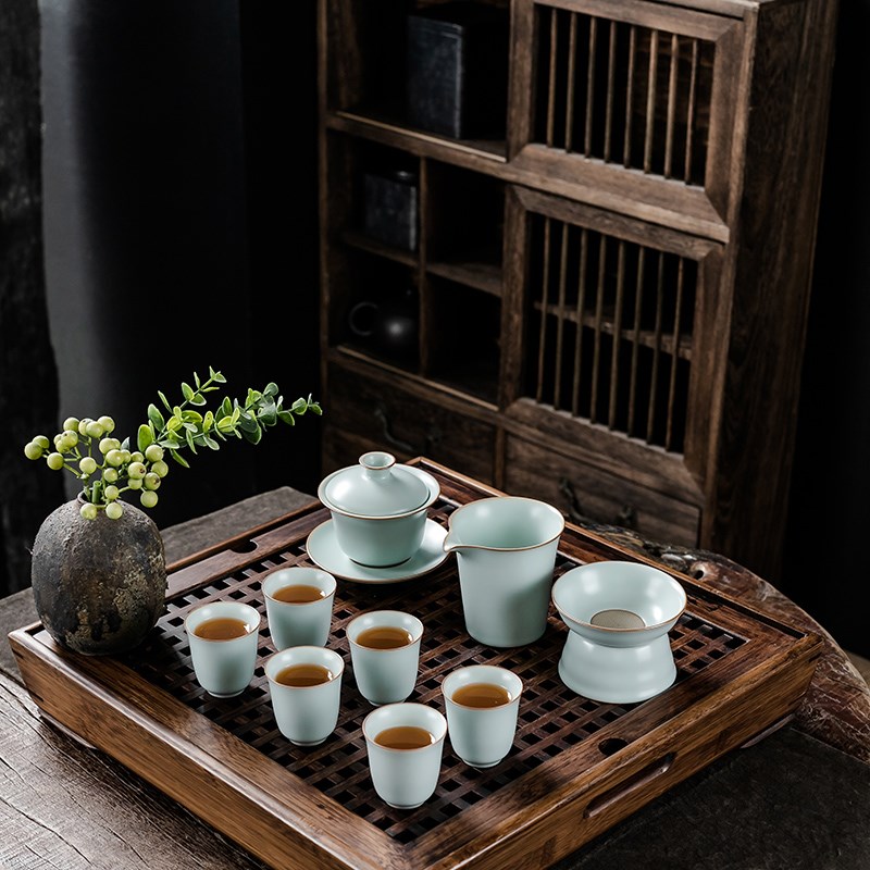 汝迷天青汝窑水月盖碗家用茶具套装汝瓷冰裂纹开片可养功夫茶具