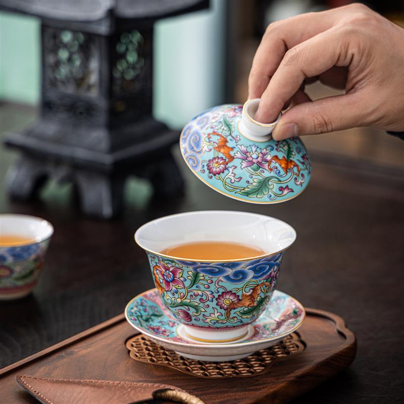 珐琅彩德化白瓷盖碗羊脂玉陶瓷茶具茶杯敬茶碗家用三才功夫泡茶碗