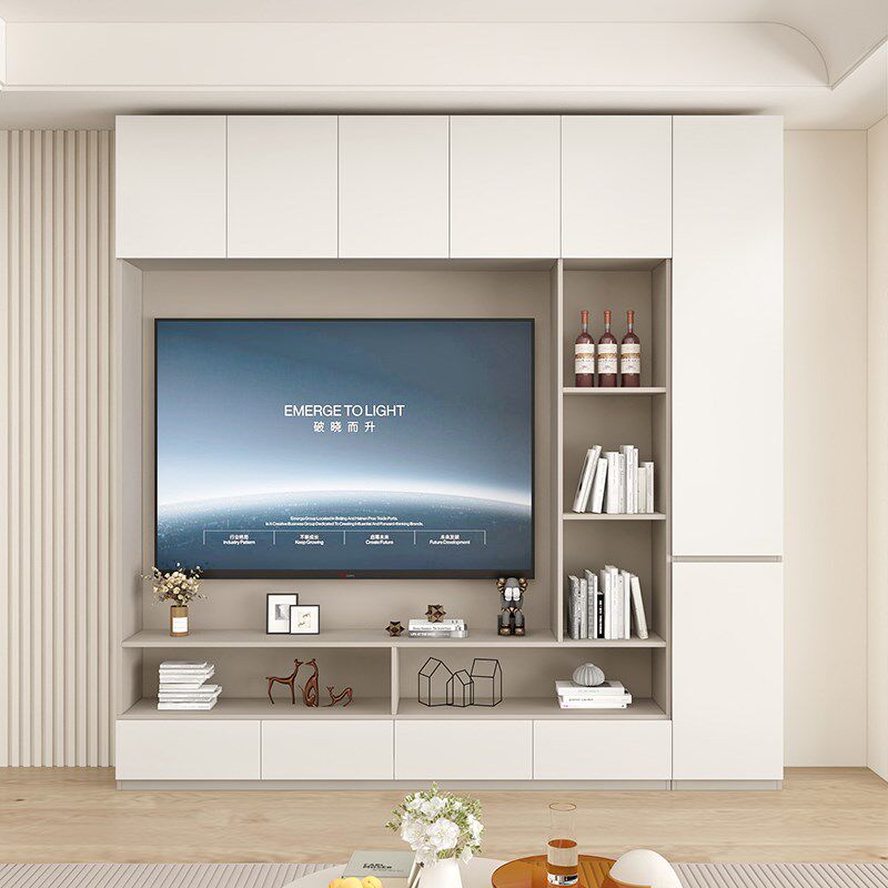 客厅电视柜背景墙现代简约墙柜一体组合柜实木收纳储物柜家用定制