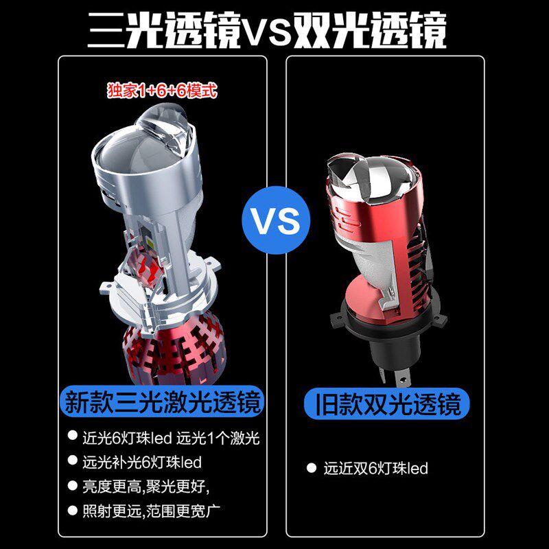 带透镜汽车LED激光大灯H4改装远近光一体车灯强光双光矩阵式灯泡