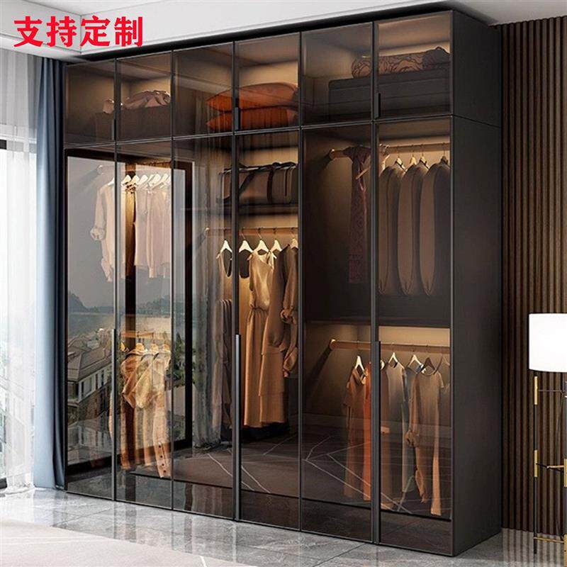 实木衣柜卧室家用玻璃门L型轻奢转角衣帽间收纳柜子组合衣橱