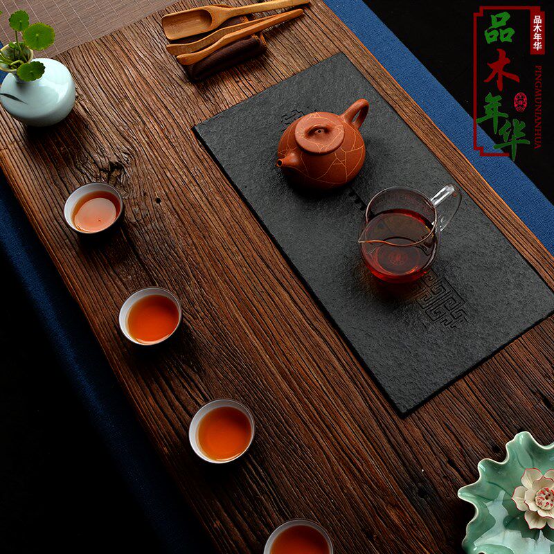 乌金石老木头茶盘老榆木老门板枯木茶托盘嵌石头干泡茶台创意茶海