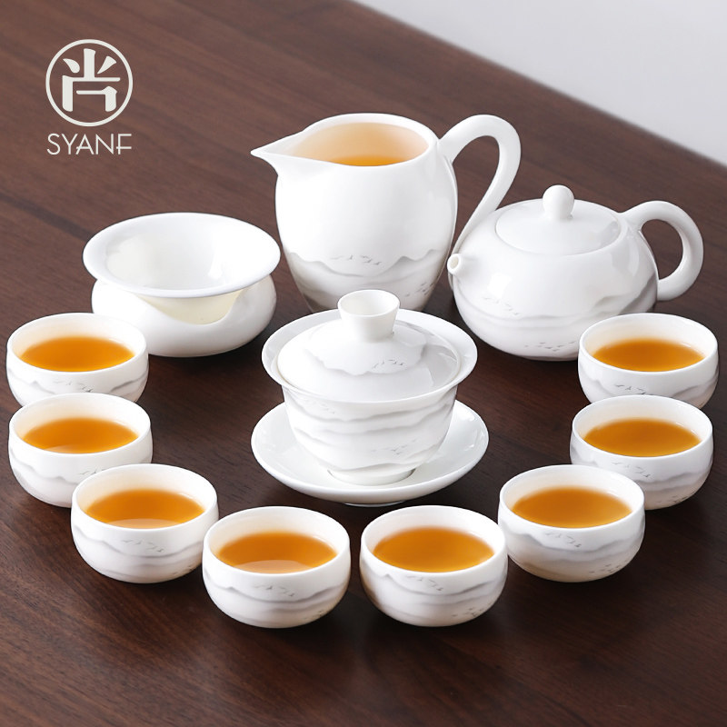 羊脂玉瓷功夫茶具套装白瓷家用办公泡茶盖碗陶瓷茶杯高档喝茶茶具
