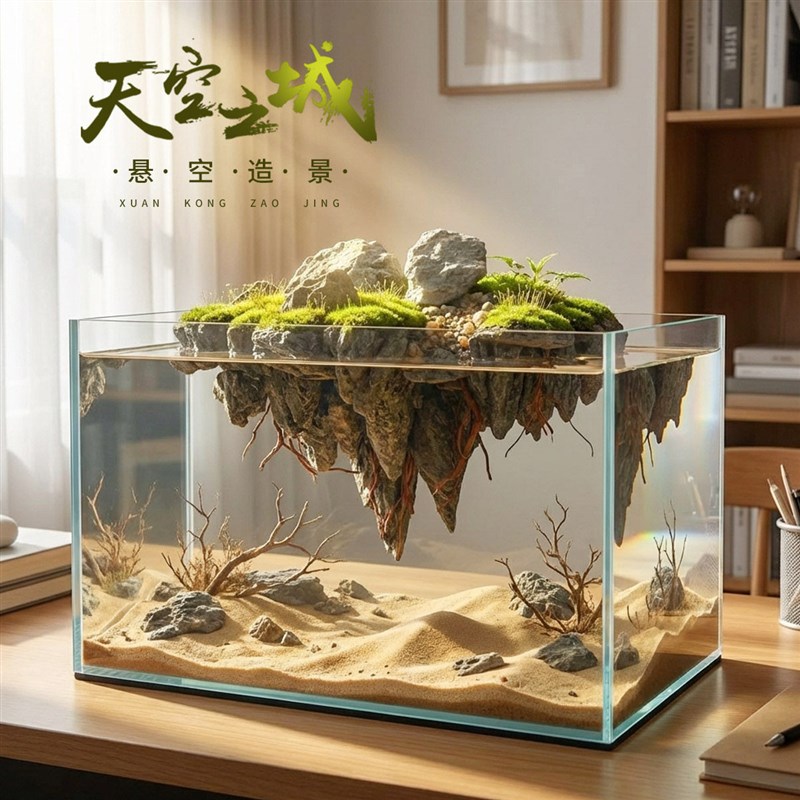 天空之城 鱼缸造景石 青龙石流水假山摆件真石头悬空装饰成品全套