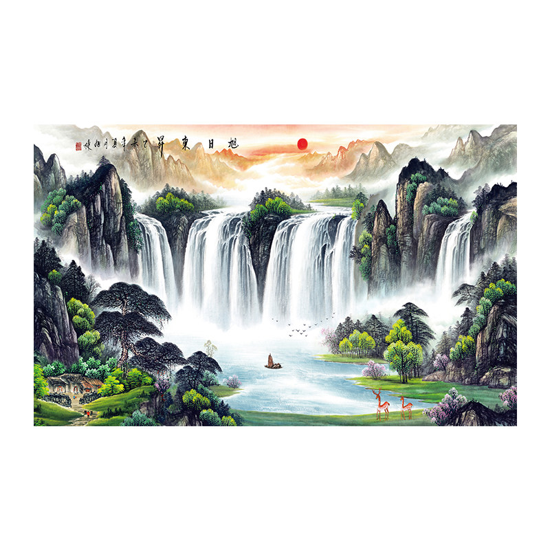 旭日东升3d电视背景墙壁纸客厅5d立体中式山水国画8d定制壁画墙布