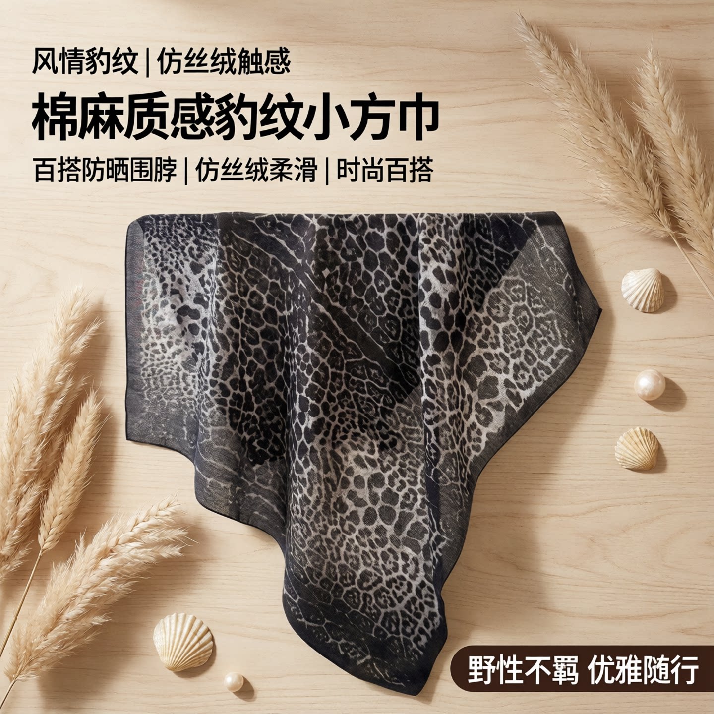 风情豹纹人字纹棉麻感小方丝绒头巾空调披肩防晒围脖女士围巾