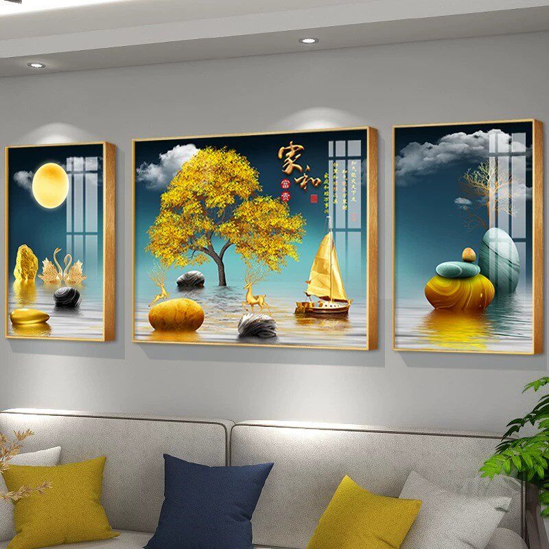 客厅大白墙三联画现代简约山水风景装饰画电视背景墙壁画抽象挂画