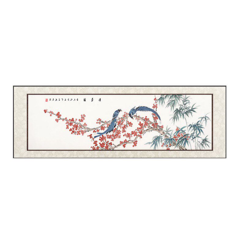 新中式花鸟客厅装饰画红梅蓝鹊沙发背景墙挂画寓意书房背景墙装饰