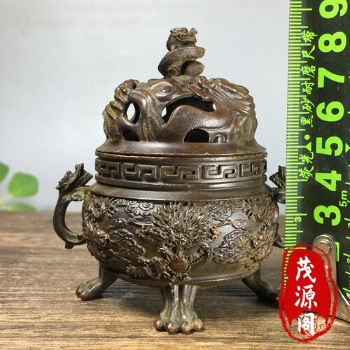 仿古纯铜螭龙双耳三足九龙鼎香薰炉家用茶道桌面小香炉摆件老铜器