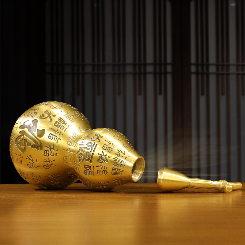 百福黄铜葫芦摆件开盖葫芦空心铜葫芦挂件五帝钱客厅酒柜装饰摆设