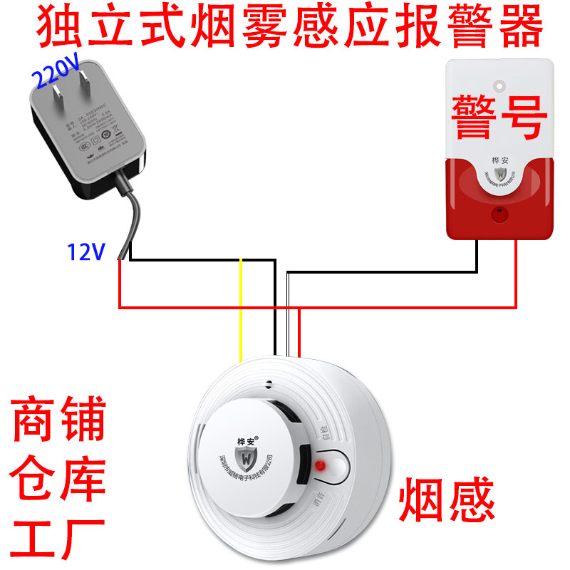 220v插电烟雾报警器工厂仓库有线烟感消防火灾探测联动声光报警器