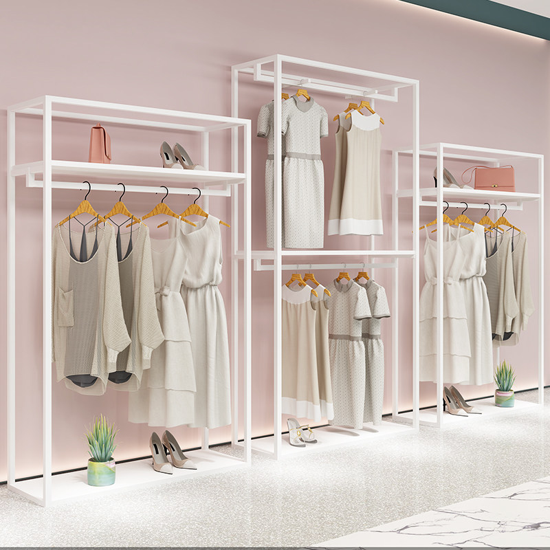 金万豪服装店展示架女装店白色侧挂陈列货架双层挂衣架落地式铁艺