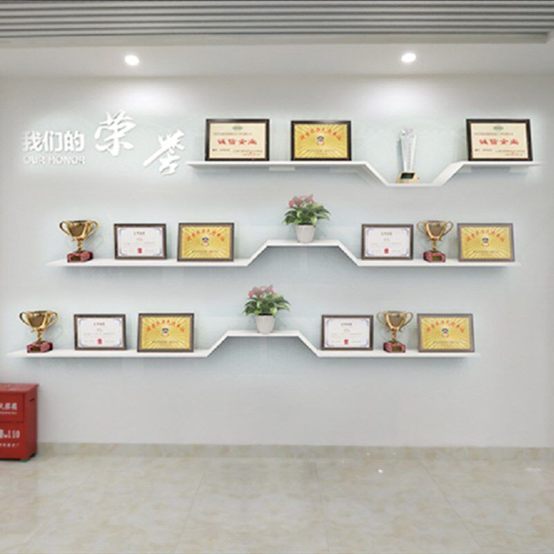 奖杯奖牌展示架公司陈列收纳置物架两层搁板烤漆白色板荣誉墙