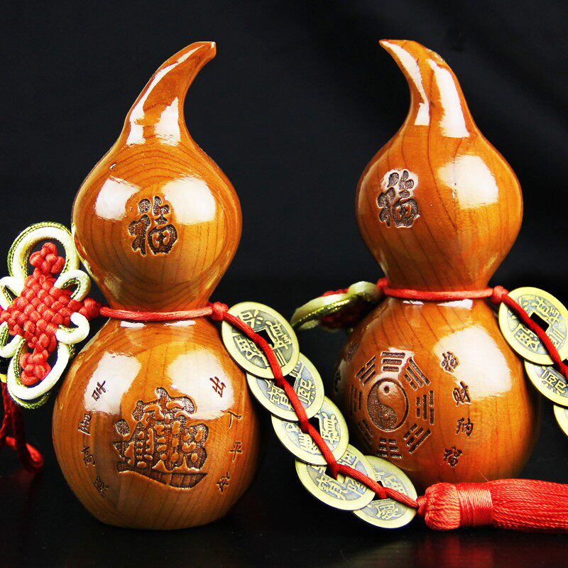 桃木葫芦摆件五帝钱挂件葫芦太极八卦实木雕刻家居饰品