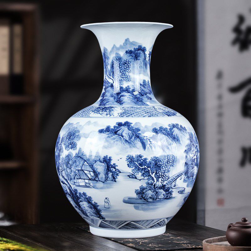 手绘青花山水赏瓶新中式台面摆件插鲜花大口花瓶景德镇高温瓷器