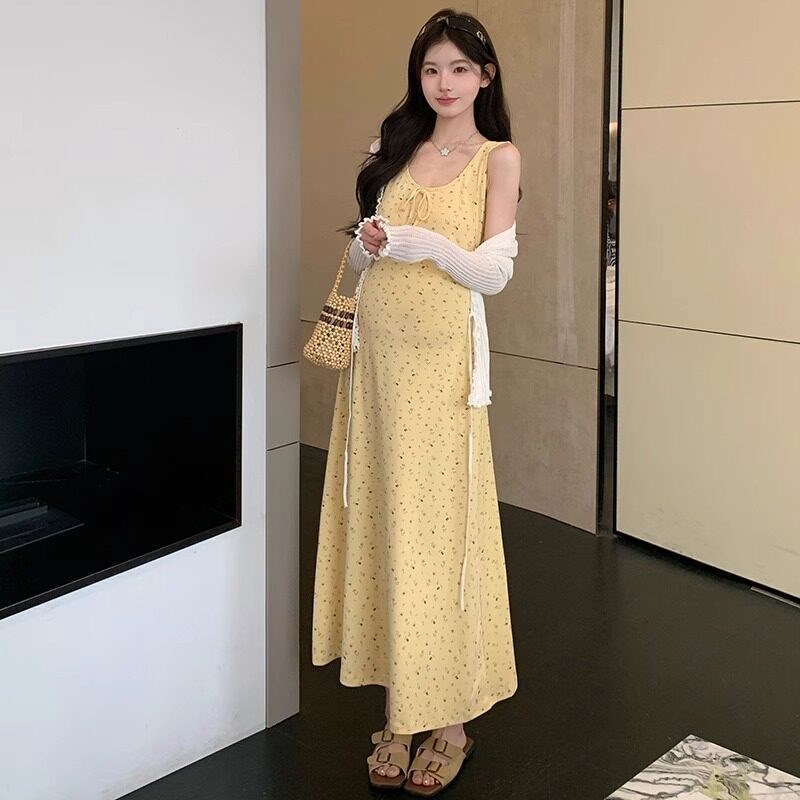 孕妇装夏连衣裙2025新款冰丝防晒开衫法式修身碎花背心长裙两件套